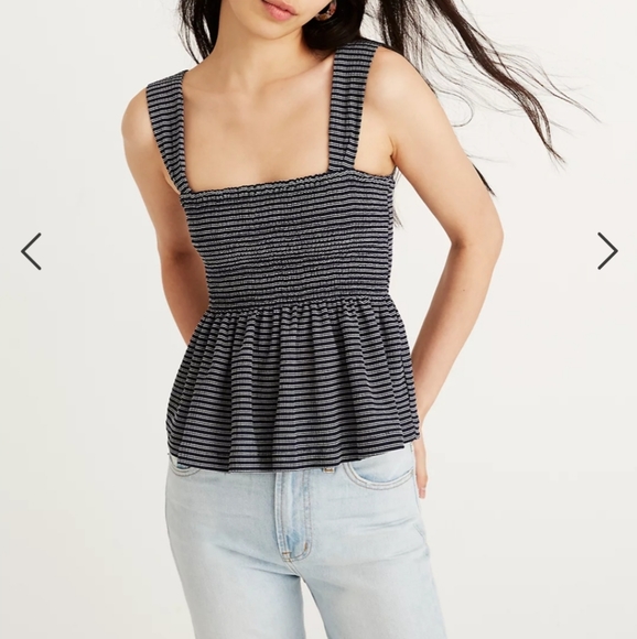 Madewell Texture & Thread smocked peplum black and white stripes tank top - Picture 2 of 11